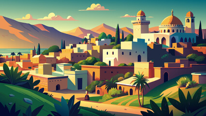 Old Arabic town, GRASSY LAND FULL. Vintage color Palette.