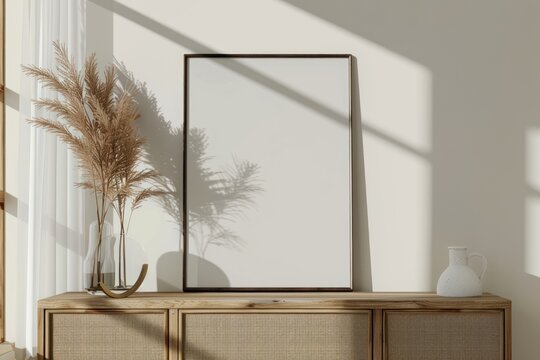 Blank picture frame mockups furniture mirror plant.