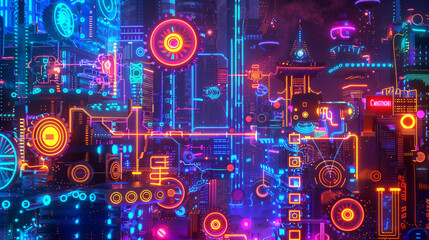 Neon cityscape with circuitry, gears, and neon signs.