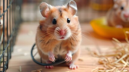 Adorable Hamster in Cage Running on Wheel: A Delightful and Charming Pet. Concept Hamster Care, Pet...