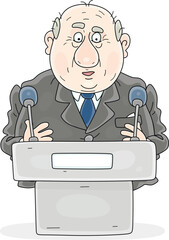 Funny official taking his very important speech in a stand with microphones at a meeting or press conference, vector cartoon illustration on a white background