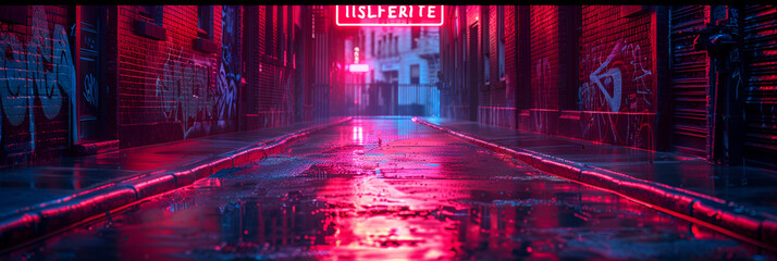 A neon sign is lit up in the middle of a graffiti,
Abstract light in a dark empty street with smoke smog and neon lights reflecting off wet asphalt A dark night scene with an empty street
