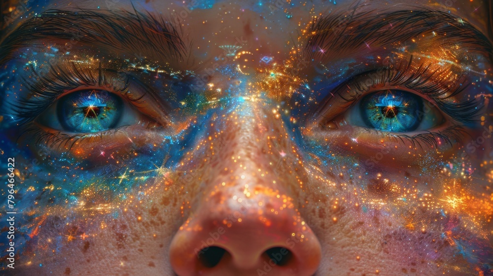 Poster a mosaic of colorful symbols and sacred geometry fills the background representing the vast array of