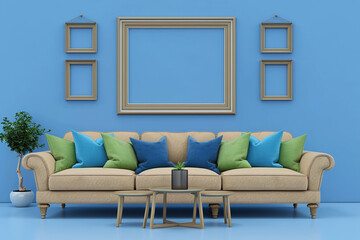 Mock up picture frames on a pastel blue wall, gray sofa with pillows and coffee table in contemporary living room. Copy space.