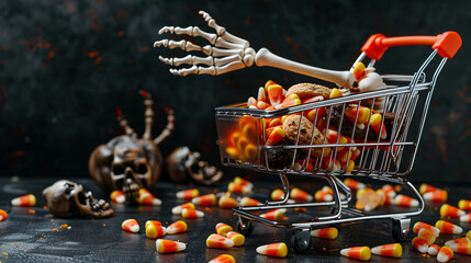 Shopping cart with tasty candy corns skeleton hand 