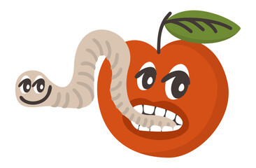 Red apple with worm in mouth. Retro cartoon groovy  style. Vector isolated illustration.
