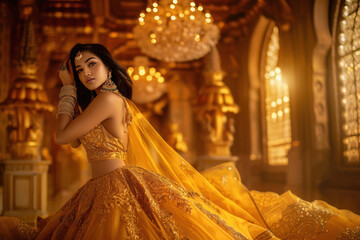 Beautiful woman in golden dress in gold room