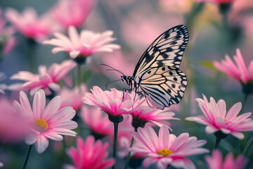 Butterflies perch on pink daisy flowers on a blurry background