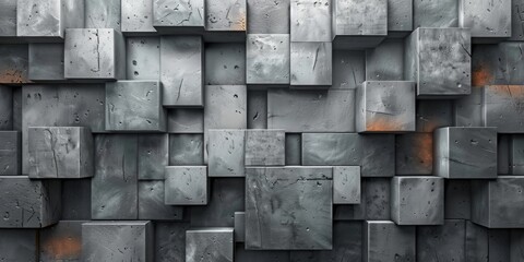A wall made of gray blocks with a few orange spots