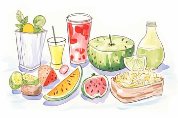 Watercolor painting of a still life with watermelon, lime, and other fruit.