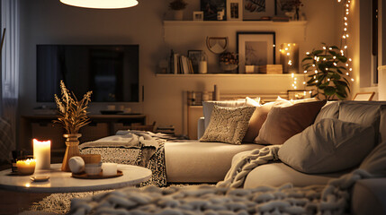 Scandinavian Serenity: Cozy Living Room with Neutral Palette and Hygge Comfort