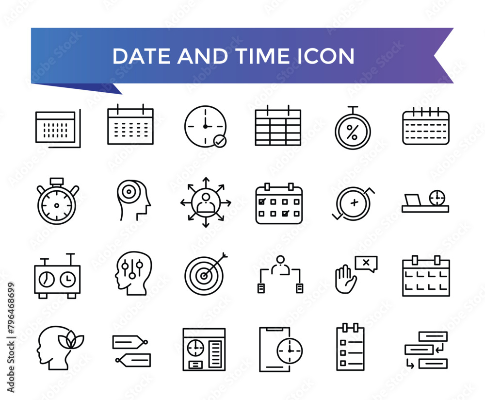 Poster date and time icon collection. watch, timer, date, current time and calendar vector linear icon set.