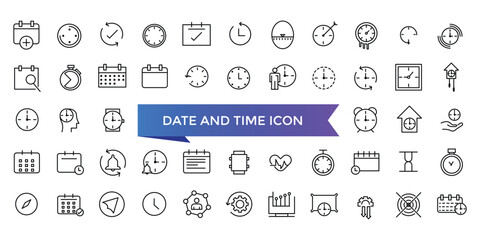 Date and Time icon collection. Watch, Timer, Date, Current time and Calendar vector linear icon set. Timer, alarm, schedule, hourglass, clock icons. - obrazy, fototapety, plakaty