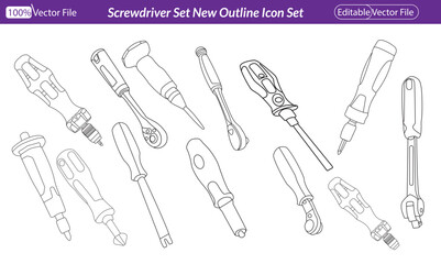Continuous line drawing of screwdriver.  Screwdriver or tools thin outline illustration. Wrench and screwdriver isolated on a white background. Line art. Retro design. Vector illustration. 