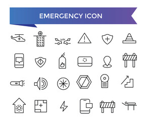 Emergency icon collection. Related to ambulance, lifebuoy, first aid, police, medical, emergency exit, hospital and SOS icons. Line icon set.