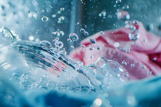 Washing clothes in machine with detergent creating bubbles and wet splashes. Concept Laundry, Washing Machine, Detergent, Bubbles, Wet Splashes