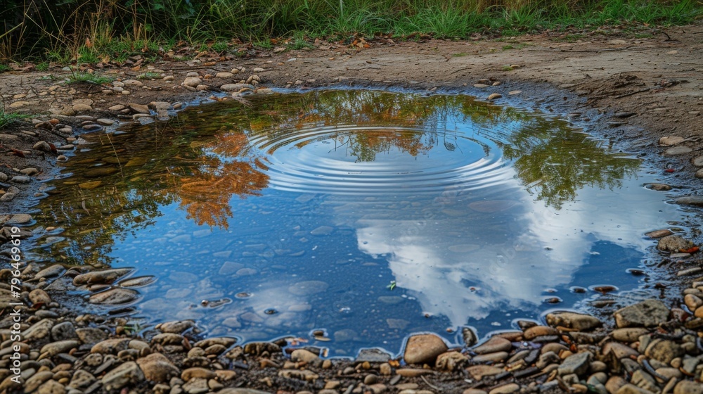 Poster a cloudy sky reflected in a shallow pool of water the ripples distorting the once clear reflection.