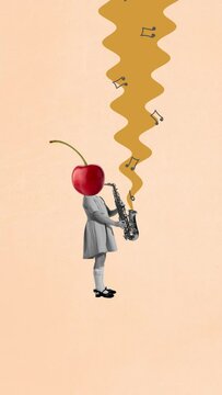 Stop motion, animation. Little girl, child with cherry head playing saxophone. Music lifestyle. Concept of retro style, creativity, food, surrealism, imagination. Copy space or ad, poster