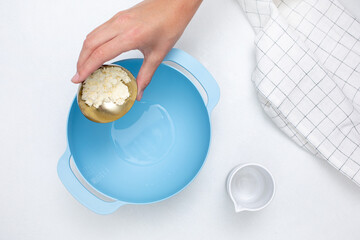 Preparing pie dough. View from above. Culinary concept. Flat layout. Copy space