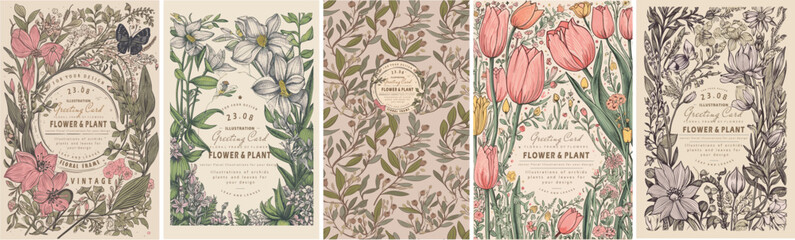 Obraz premium Vintage floral greeting cards. Vector illustration of flowers, orchid, tulip, frame, wild flowers, plants and leaves on vintage paper for background, pattern or poster. 