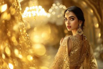 Beautiful woman in golden dress in gold room