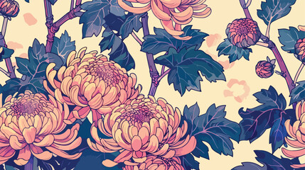 Japanese chrysanthemum hand drawn seamless pattern - obrazy, fototapety, plakaty