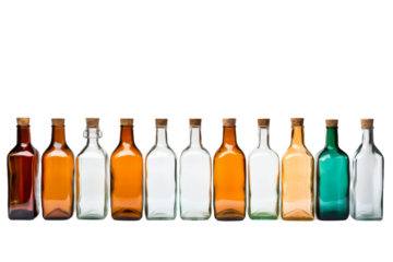 Rainbow Symphony: A Vibrant Array of Bottles. On a White or Clear Surface PNG Transparent Background.