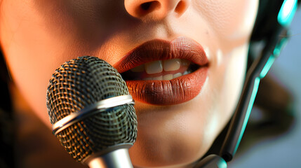 Close-up of business woman's lips with microphone
