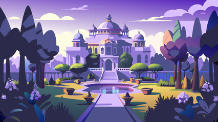 A palace with water .Grandeur and beauty: an architectural masterpiece and a luxurious garden.Fabulous landscape: the royal palace. Digital illustration of the royal palace and the beautiful garden.