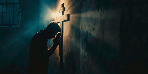 Silhouette of a man in a dark room with a window The Cross of Faith to the Lord Jesus Background religions depressed hopeless male standing by the window with shutters pulled down Selective focus.
