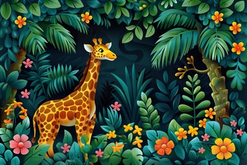 Jungle, tropical illustration. Tiger, parrots, giraffe, panther, zebra, elephant ,palm trees, flowers. Safari wild African animals. Amazon forest on wallpaper for kids room, interior design. mural art