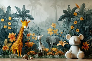Jungle, tropical illustration. Tiger, parrots, giraffe, panther, zebra, elephant ,palm trees,...