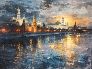  "Moscow Kremlin with Golden Reflections at Dusk"