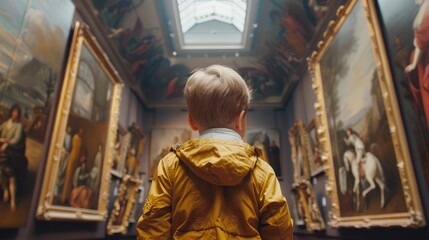 A boy looks at paintings in an art gallery or museum.