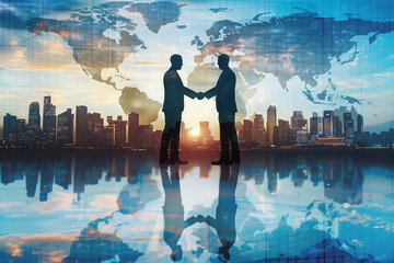 Two People Shaking Hands in Front of a World Map