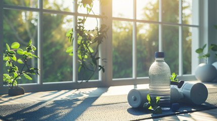 Sports water bottle with equipment on mat near window - Powered by Adobe