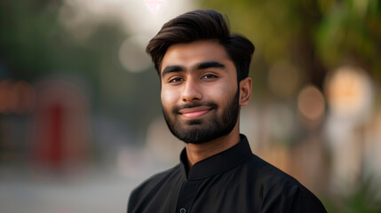 Obraz premium A Pakistani man wearing glasses and a suit is smiling for the camera. The image has a warm and friendly mood, as the man is happy and confident. profile picture of Pakistani guy smiling