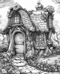 Enchanting Fairytale Cottage in a Magical Forest Illustration, coloring book