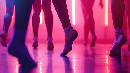 A line of ballet dancers' feet in pointe shoes, illuminated by neon lights in a contemporary dance...