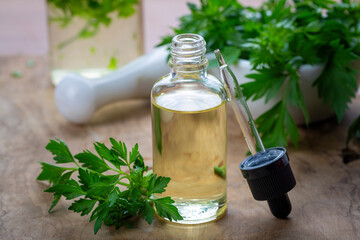 Parsley essential oil in a glass bottle on old wooden table. Petroselinum crispum extract. Healthy...