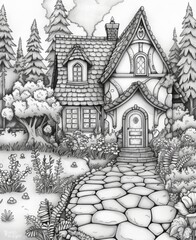 Enchanted Cottage in Forest Clearing with Cobblestone Pathway, coloring book