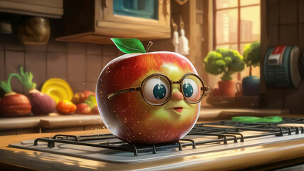 An abstract drawing of a cheerful apple sitting on the kitchen counter