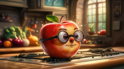 An abstract drawing of a cheerful apple sitting on the kitchen counter