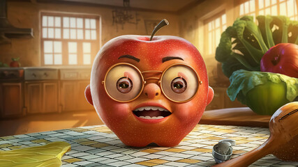 An abstract drawing of a cheerful apple sitting on the kitchen counter