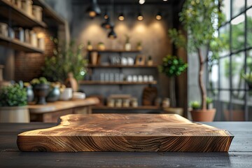 wood table background with sunlight window create leaf shadow on wall with blur indoor green plant