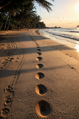 "(((Summer Vacation background - Footprints on a tropical beach at sunset time)))  A breathtaking and photorealistic image capturing the essence of summer vacation, featuring footprints on a tropical 