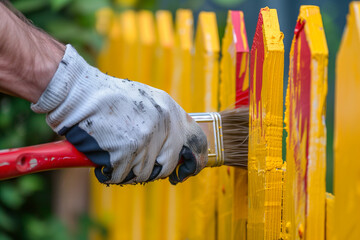 Person Painting Fence With Yellow Paint
