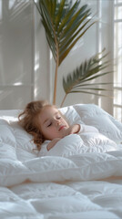Little Girl Laying in Bed With White Comforter