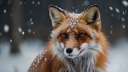 A majestic red fox, its fur glistening with snowflakes as it stares directly into the camera, its piercing eyes reflecting the falling snow. - obrazy, fototapety, plakaty