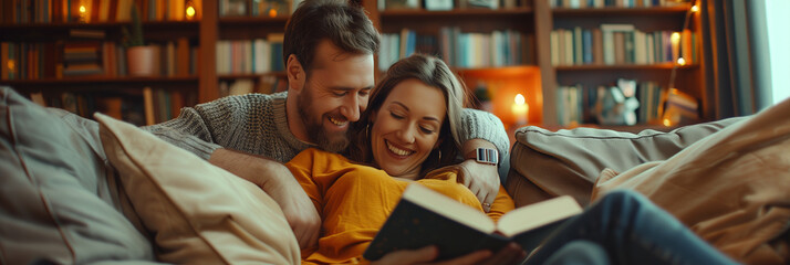 Man and Woman Reading Book on Couch